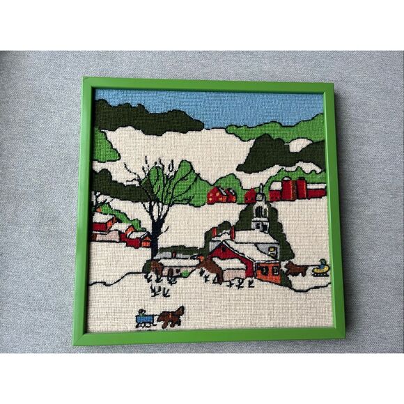 Vintage Framed Needlepoint Winter Scene – 14.5” x 14.5” - Picture 1 of 2